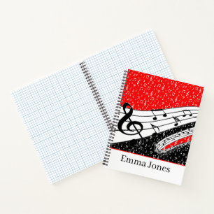 Red and black music theme personalized grid notebook