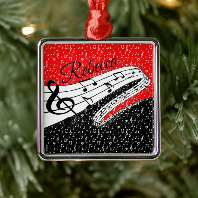 Red and black music theme personalized metal ornament (Tree)