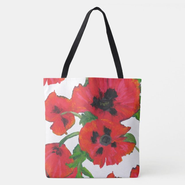 Red and Black Oriental Poppies on White Tote Bag (Front)