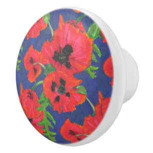 Red and Black Oriental Poppies Pattern on Blue Ceramic Knob