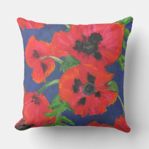 Red and Black Oriental Poppies Pattern on Blue Throw Pillow