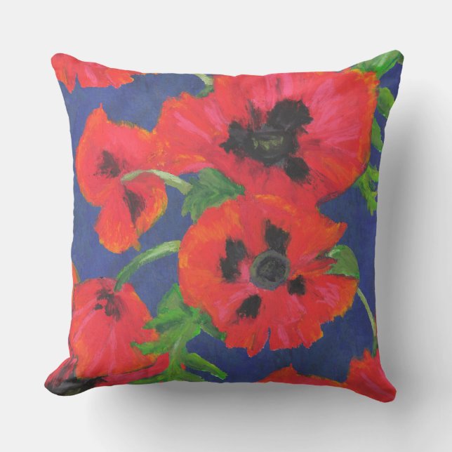Red and Black Oriental Poppies Pattern on Blue Throw Pillow (Front)