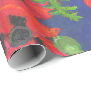 Red and Black Oriental Poppies Pattern on Blue Wrapping Paper