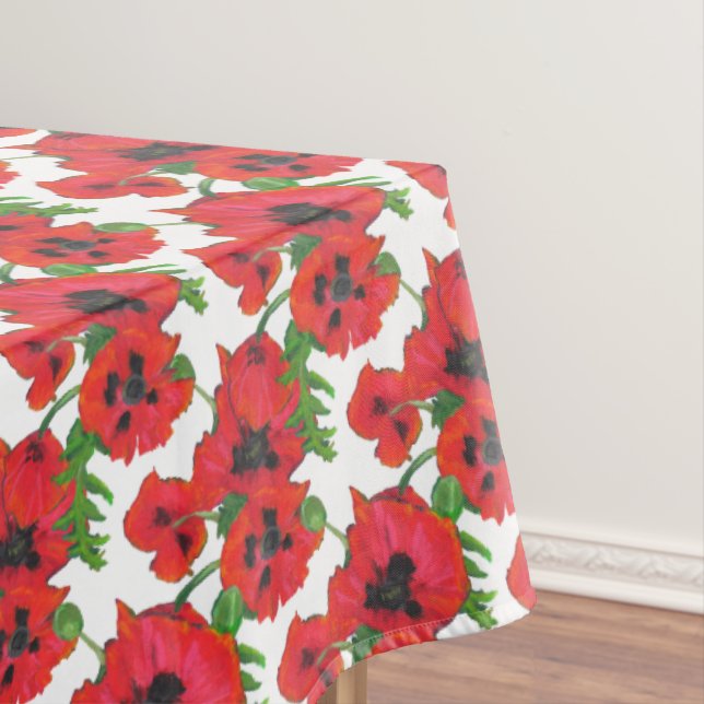 Red and Black Oriental Poppies Pattern on White Tablecloth (In Situ)
