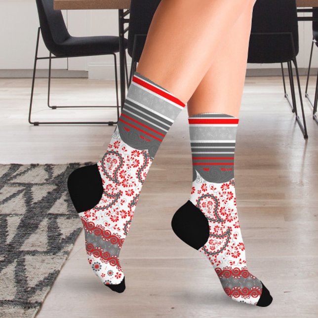 Red and Black Paisley Bandana Damask Socks (Creator Uploaded)