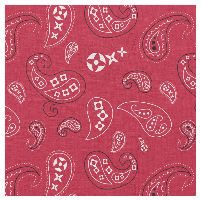 Red and Black Paisley Western Bandana Print Fabric (Close Up)