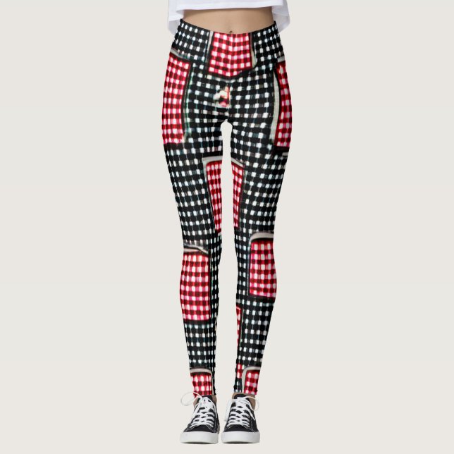 Red and Black Patch Work Pocket Gingham Leggings (Front)