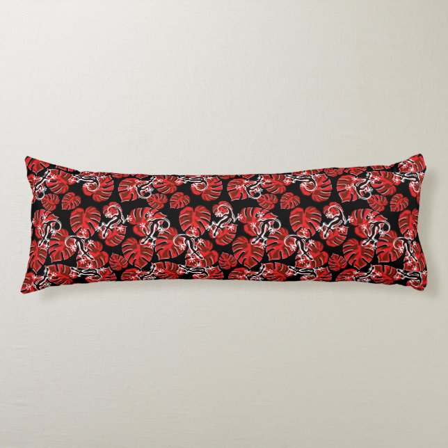 Red And Black Pattern - Geckos And Leaves Body Pillow (Front)