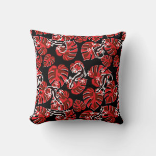 Red And Black Pattern - Geckos And Leaves Throw Pillow