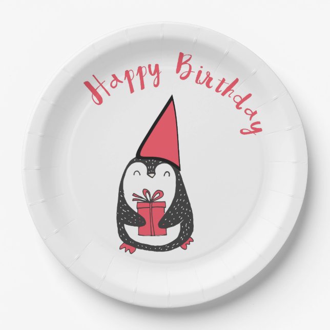 Red and Black Penguin Birthday Paper Plate (Front)