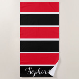Red And Black Personalized Name Stripes Beach Towel