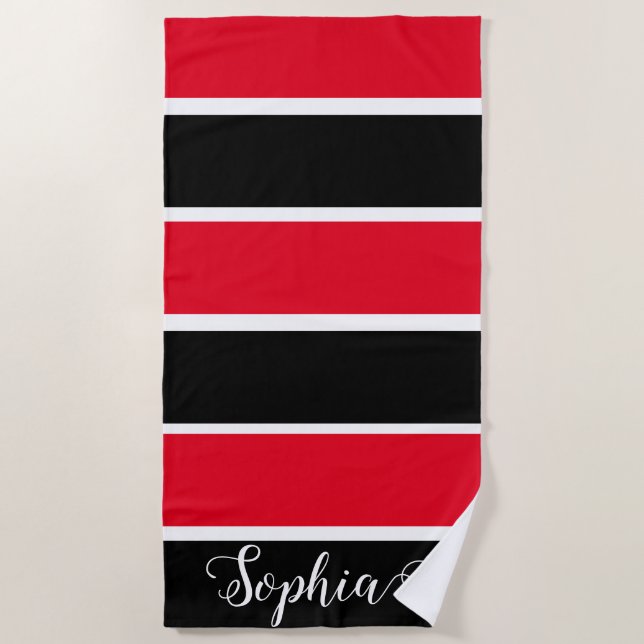 Red And Black Personalized Name Stripes Beach Towel (Front)