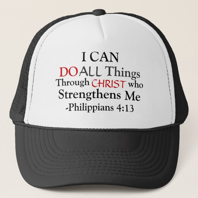Red and black PHILIPPIANS 4:13 Trucker Hat (Front)