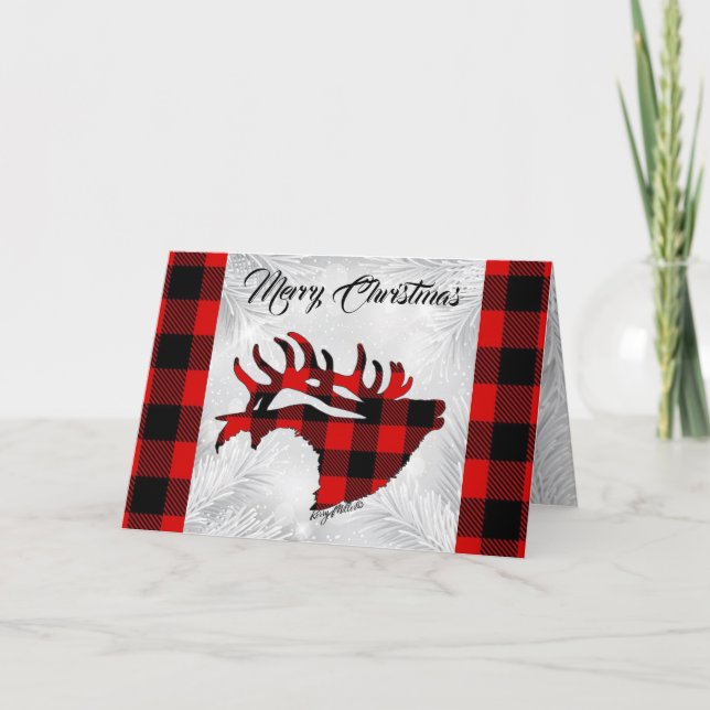 Red And Black Plaid Bull Elk Christmas Card (Front)