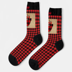 Red and Black Plaid Bull Elk Doormat Socks
