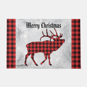 Red and Black Plaid Christmas Bull Elk Doormat