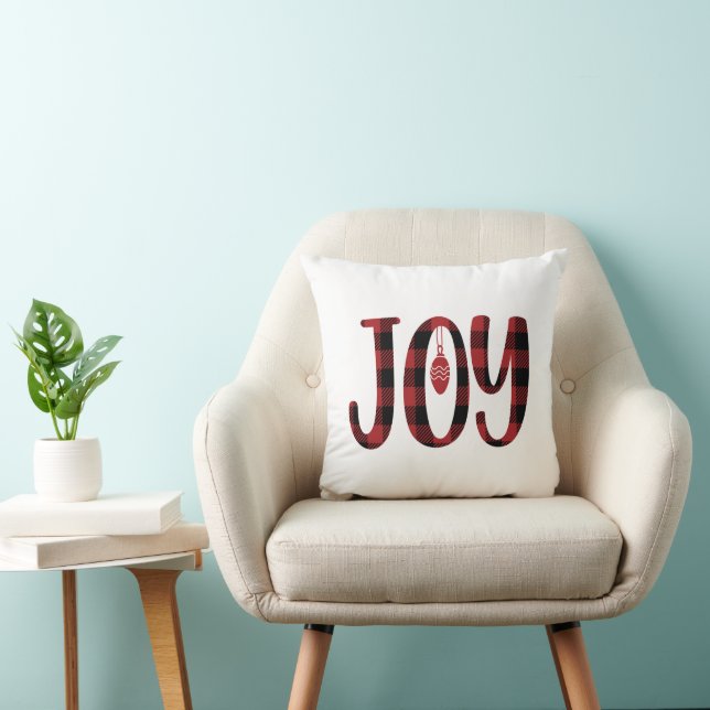 Red and Black Plaid Designed Joy Quoted Christmas Throw Pillow (Chair)