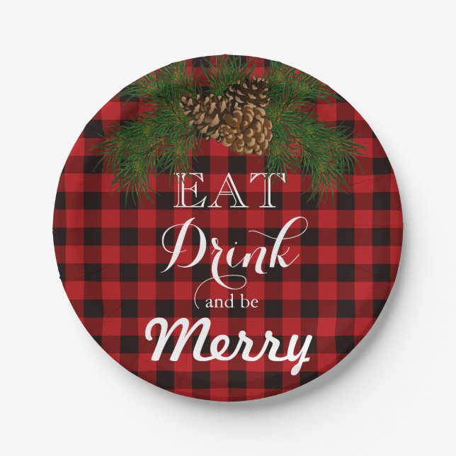 Red and black plaid - Eat Drink and be Merry Paper Plate (Front)