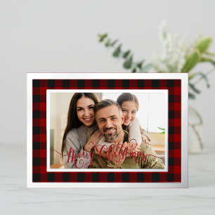 Red and black plaid frame Christmas Foil Holiday Card