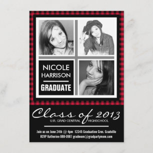 Red and Black Plaid Gingham 3 Photo Grad Party Invitation
