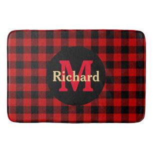 Red and Black Plaid Monogram and Name Bath Mat