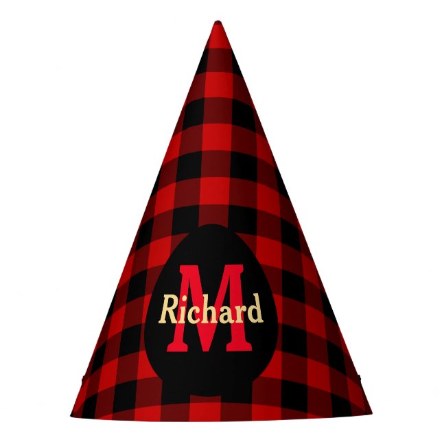 Red and Black Plaid Monogram and Name Party Hat (Front)
