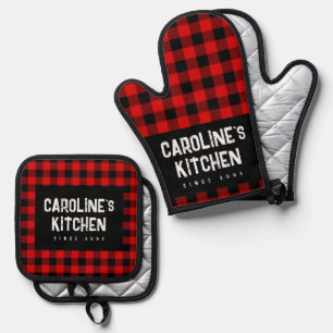 Red and Black Plaid Pattern Vintage Typography Oven Mitt & Pot Holder Set