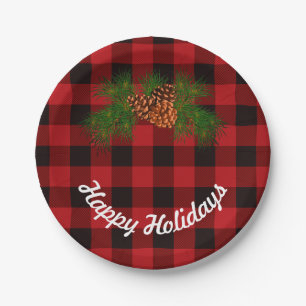 Red and Black plaid - pine cones Paper Plate