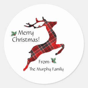 Red And Black Plaid Reindeer Classic Round Sticker