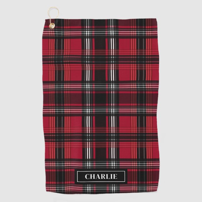 Red And Black Plaid Tartan Pattern And Custom Name Golf Towel (Front)