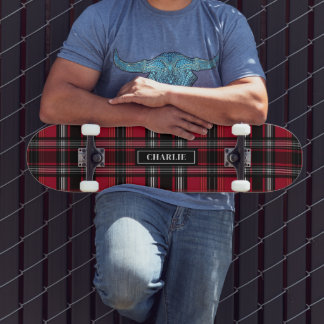 Red And Black Plaid Tartan Pattern And Custom Name Skateboard