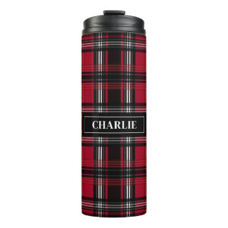 Red And Black Plaid Tartan Pattern And Custom Name Thermal Tumbler