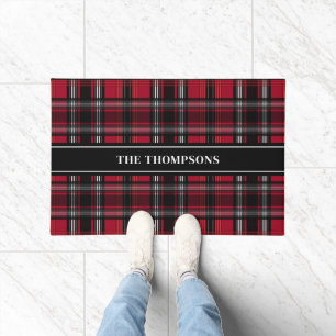 Red And Black Plaid Tartan Pattern With Text Doormat