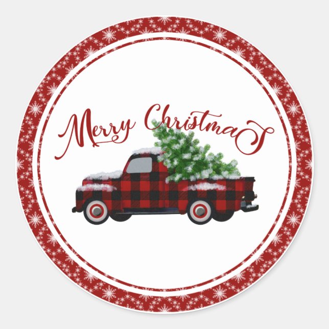 Red and Black Plaid Truck Merry Christmas  Classic Round Sticker (Front)