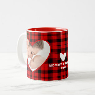 Red and Black Plaid Two Photo Mom and Baby Two-Ton Two-Tone Coffee Mug