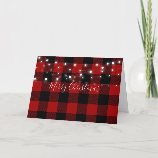 Red and Black plaid with Christmas lights Card (Front)