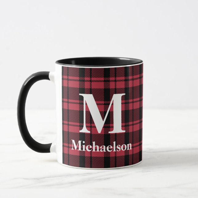 Red and Black Plaid with Monogram Name Mug (Left)