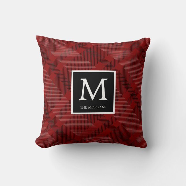 Red and Black Plaid with Monogram Throw Pillow (Front)
