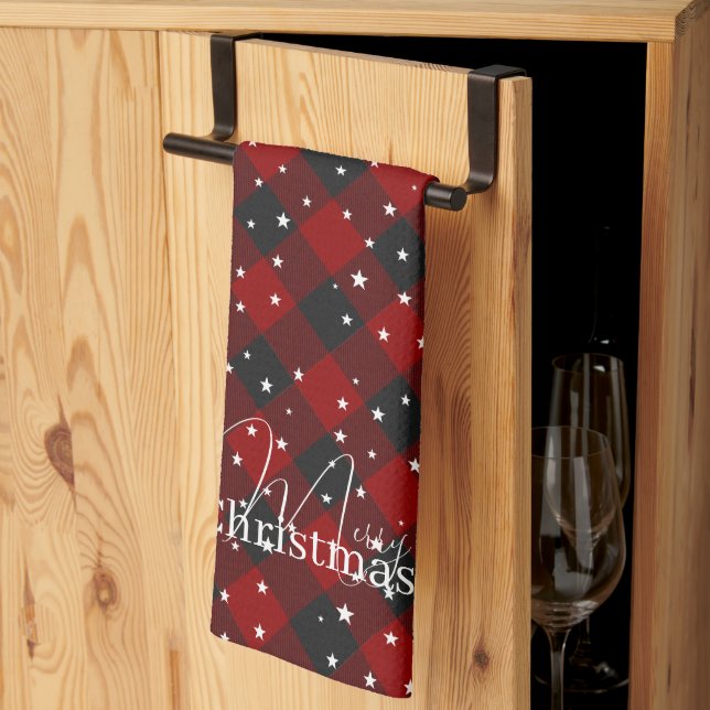 Red and black plaid with stars  kitchen towel (Thirds Fold)