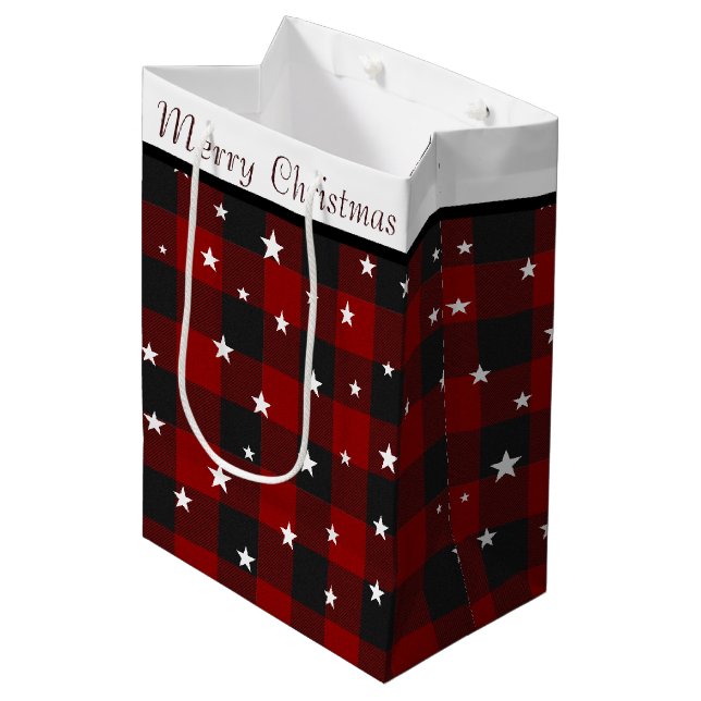 Red and black plaid with stars medium gift bag (Front Angled)