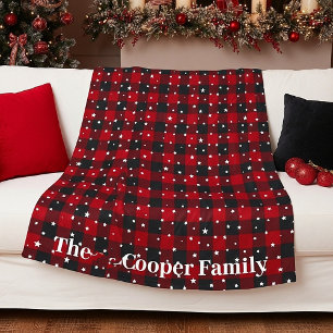 Red and black plaid with stars personalized fleece blanket