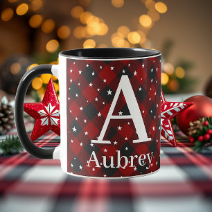 Red and black plaid with stars personalized mug