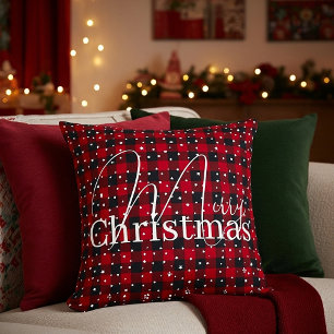 Red and black plaid with stars throw pillow