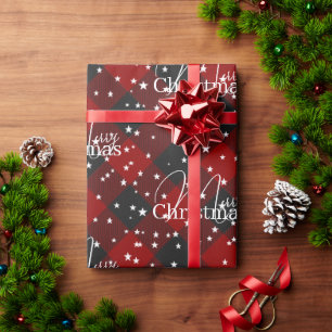 Red and black plaid with stars wrapping paper