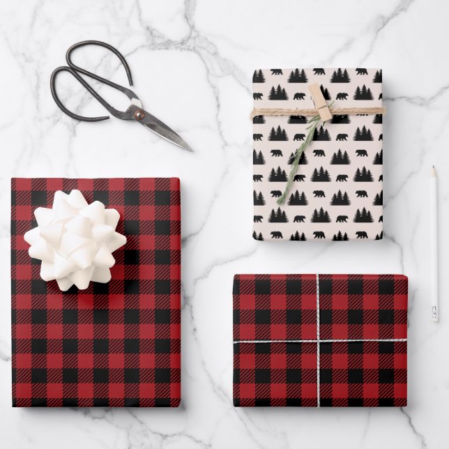 Red and Black Plaid Woodland Wrapping Paper Sheet (Front)