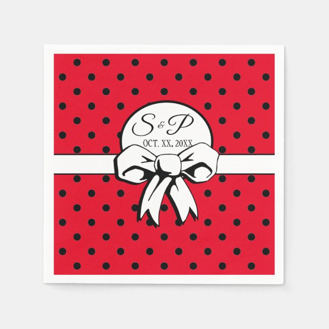 Red and Black Polka Dot White Bow Personalized Napkin (Front)