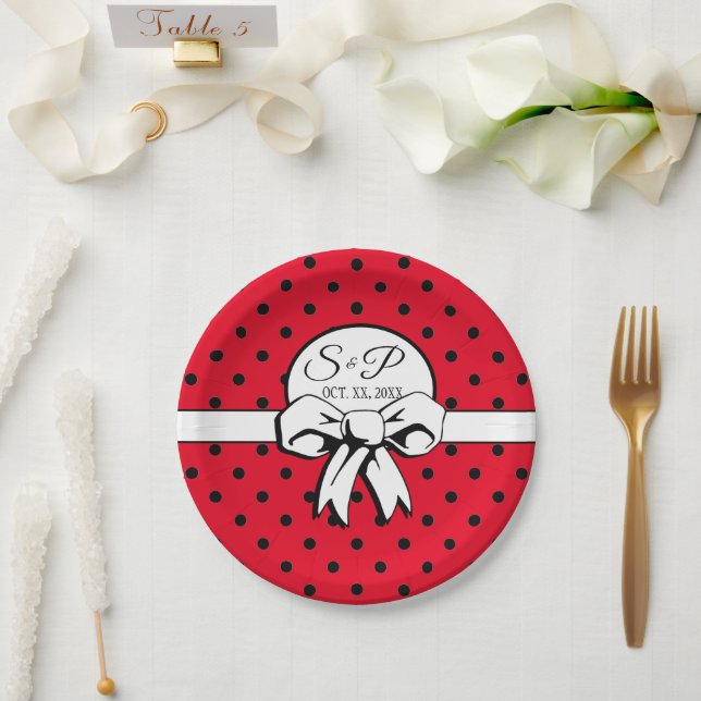 Red and Black Polka Dot White Bow Personalized Paper Plate (Wedding)
