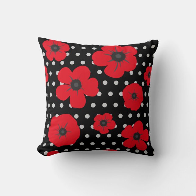 Red and Black Poppy and Polka Dot Pattern Throw Pillow (Front)