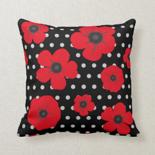 Red and Black Poppy and Polka Dot Pattern Throw Pillow