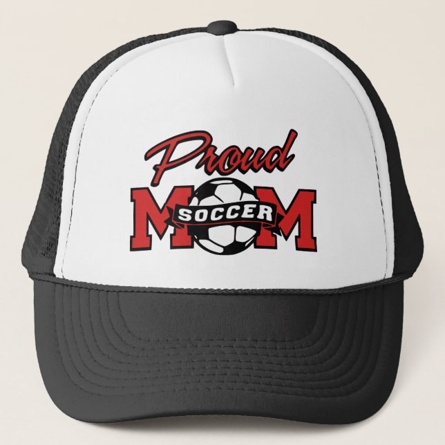 Red and Black Proud Soccer Mom Trucker Hat (Front)